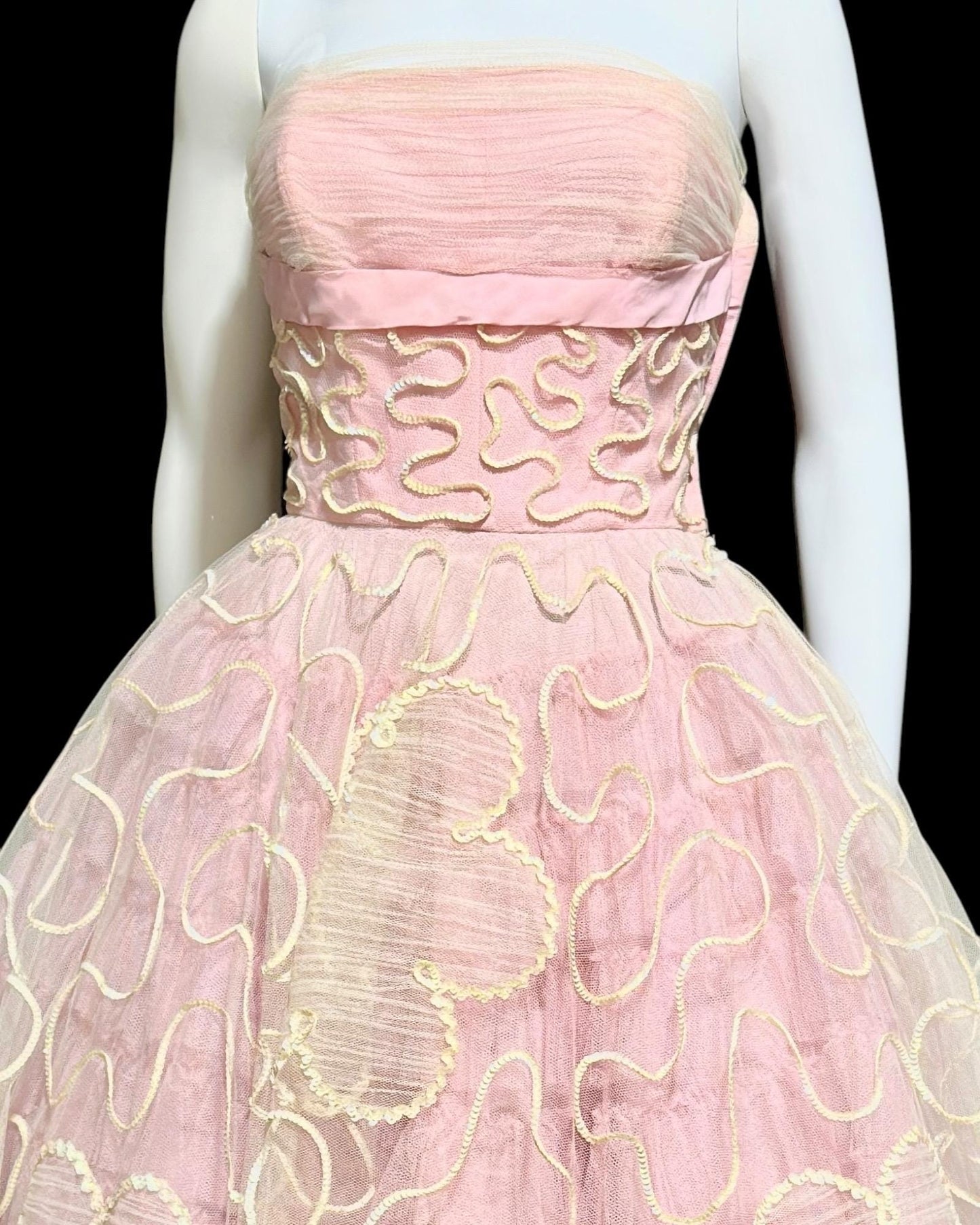 WILL STEINMAN, vintage 1950s Pink tulle and sequins prom dress, cupcake meringue tea length gown