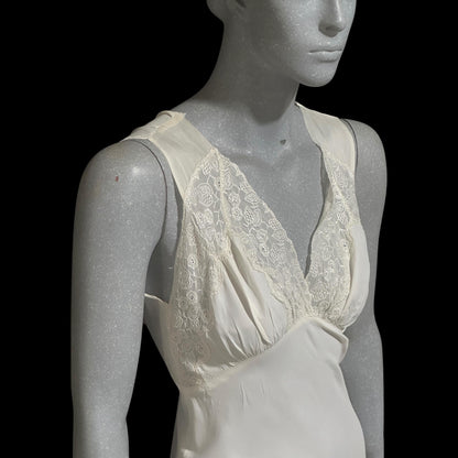 1930s vintage Nightgown slip dress, White rayon and lace bias cut night dress, full length with side snaps