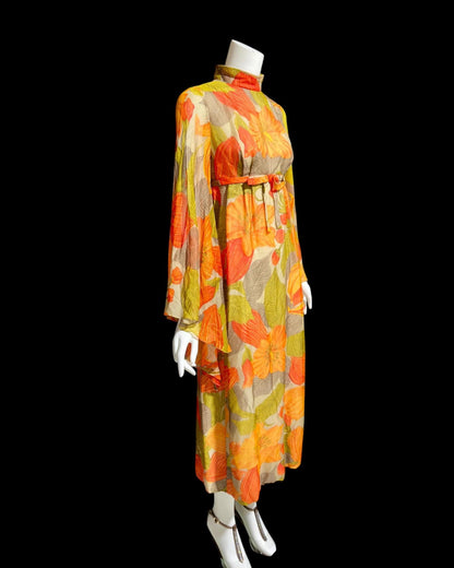 BOB BUGNAND Sam Friedlander,  Martha Weathered, vintage 1960s evening dress, Orange floral angel sleeves