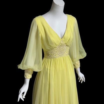 MIKE BENET, vintage 1970s evening dress, Lemon Yellow chiffon sequin formal ball gown