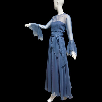 KIKI HART vintage 1960s evening dress, dusty blue poly chiffon gown, Scarf Sleeves