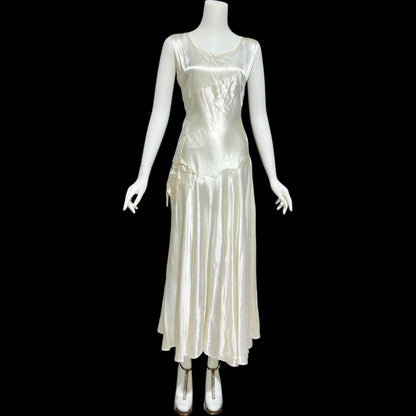 1940s vintage wedding dress, shimmering white satin tea length bridal ball gown