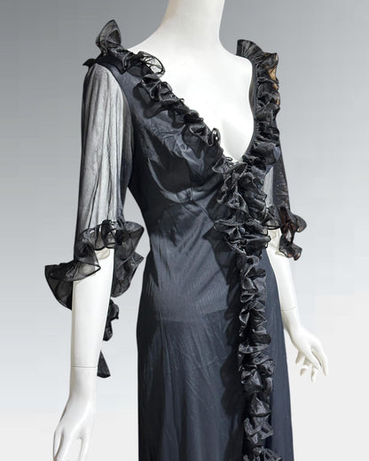 GLYDONS, vintage 1970s nightgown dress, Black sheer see through vampy house dress