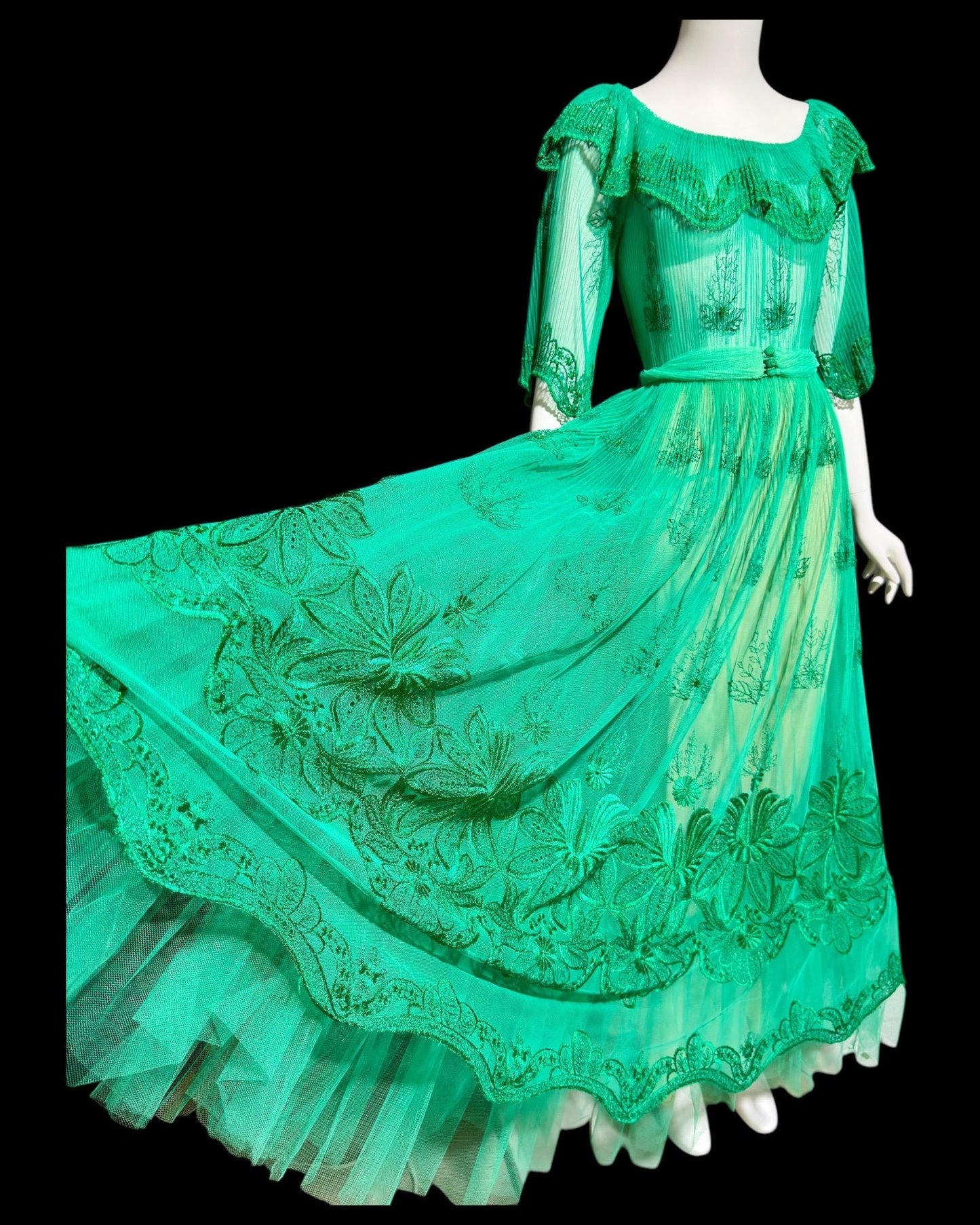 FRANK USHER vintage 1970s green embroidered net gown, ruffle neckline, full sweep party dress