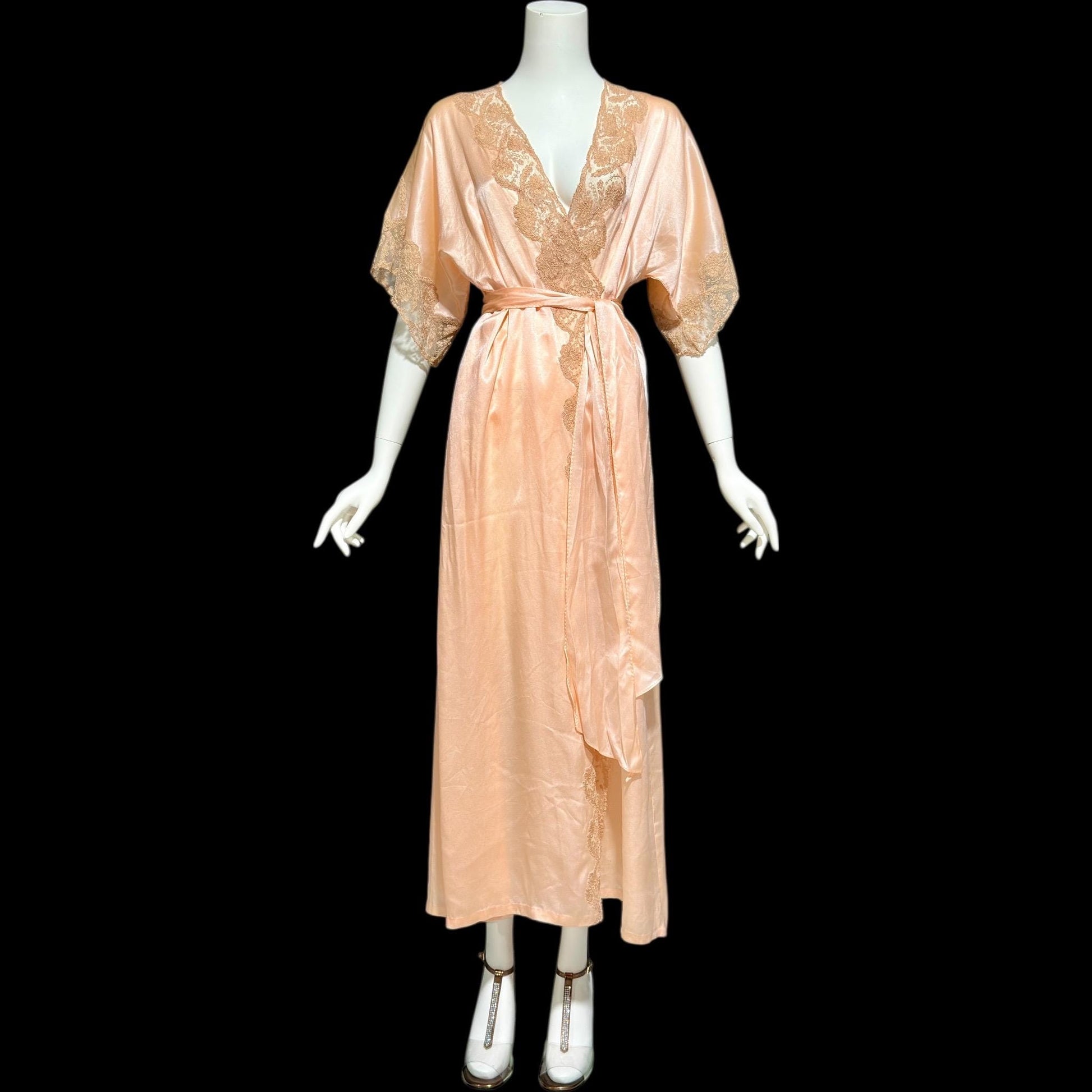 1930s vintage dressing gown robe, Shimmering Peach silk with amazing lace, wrap front house coat