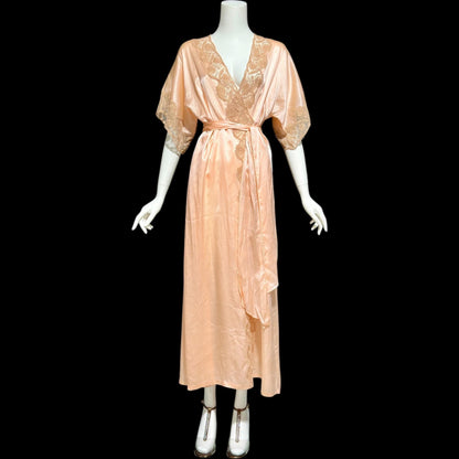 1930s vintage dressing gown robe, Shimmering Peach silk with amazing lace, wrap front house coat