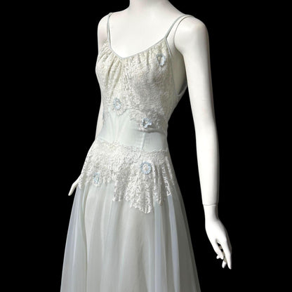 VANITY FAIR, vintage 1950s Nightgown Slip Dress, Sheer Powder Blue Nylon and Lace House Dress