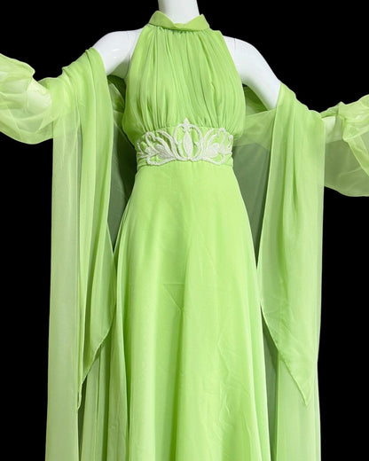 LILLIE RUBIN vintage 1970s green chiffon evening dress gown, Collection 700, matching scarf cape