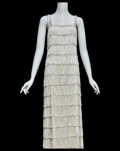 1960s vintage white fringed evening dress gown, column dress with sequins