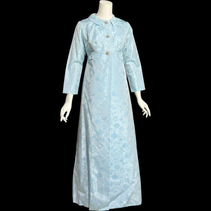 1960s Vintage evening gown and opera coat ensemble, baby blue damask custom mod column dress and duster set