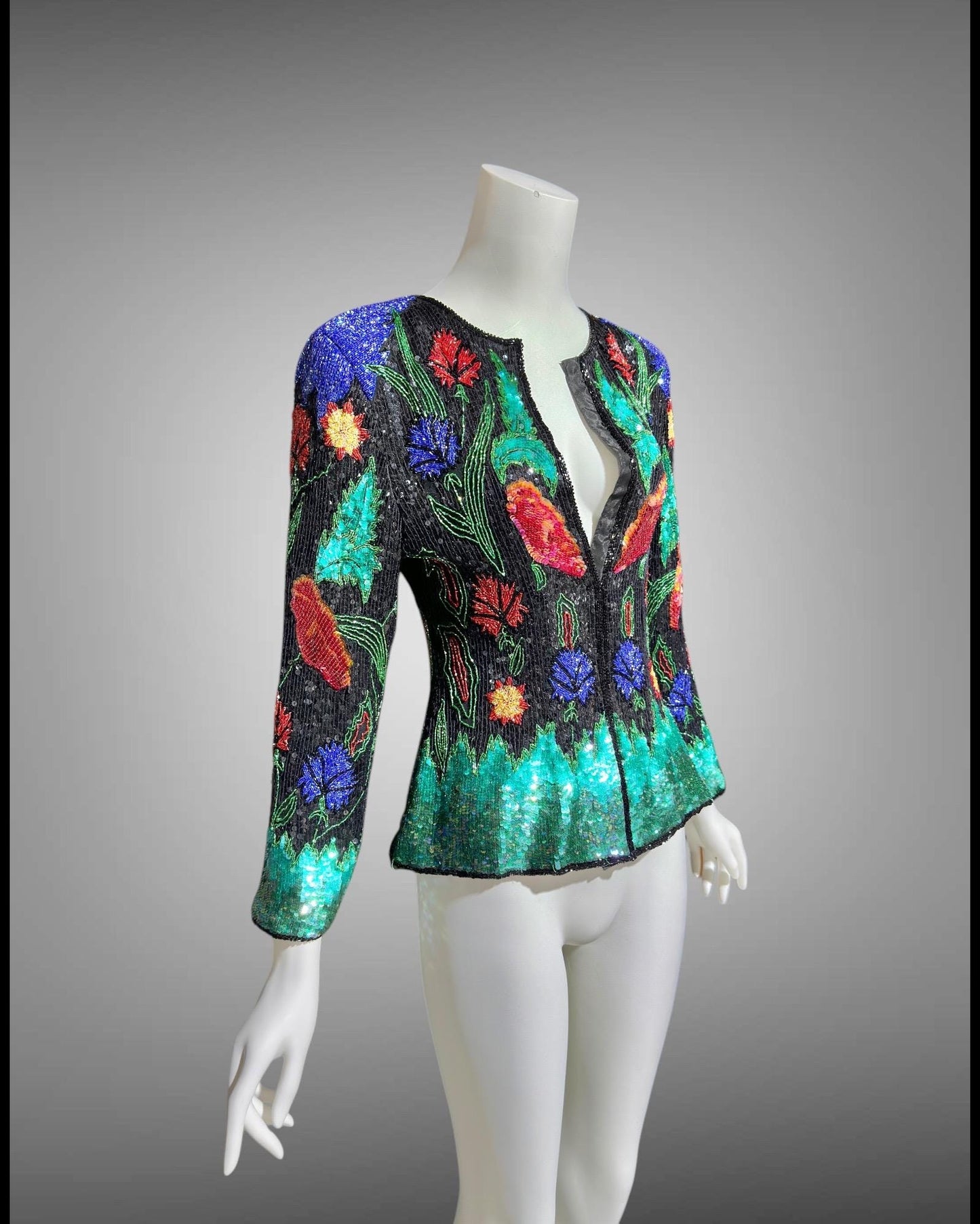 1980s vintage Evening jacket, vibrant jewel tone sequins princess cut elegant cocktail party jacket blouse top