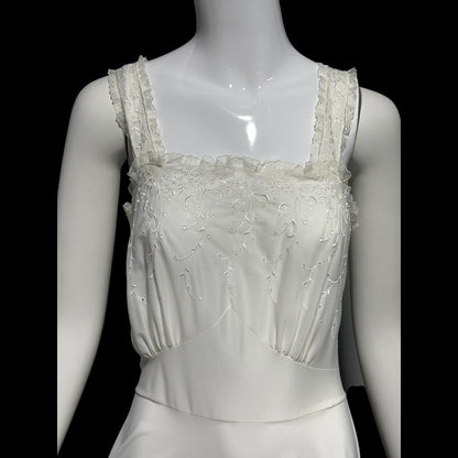 Kickernick, vintage 1940s Nightgown slip dress, white nylon scalloped full sweep night dress, full length