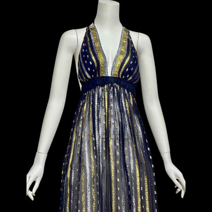 1970s Vintage Disco Diva evening party dress, sheer nylon and metallic halter gown, studio 54 disco