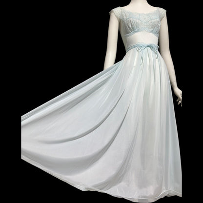 VANITY FAIR, vintage 1950s Nightgown Slip Dress, Sheer Powder Blue Nylon Lace House Dress