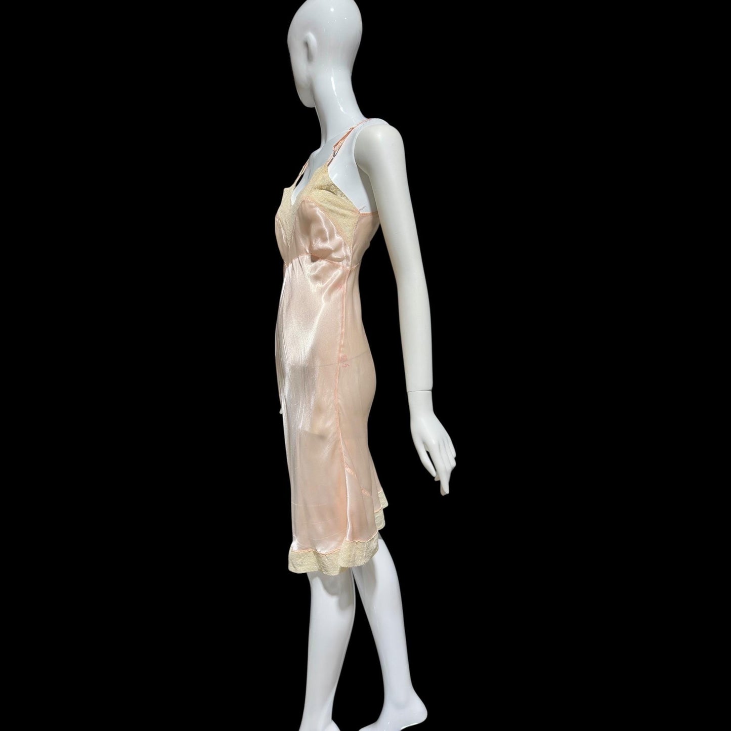 1930s Vintage Peach Slip Dress: Shiny silky Rayon Nightgown lingerie, Lace Trim