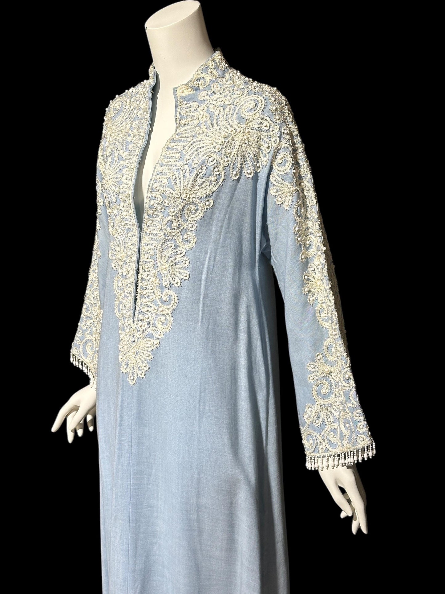 REBECCA vintage linen caftan evening dress, BONWIT TELLER 1960s heavily beaded soutache blue cruise cocktail gown