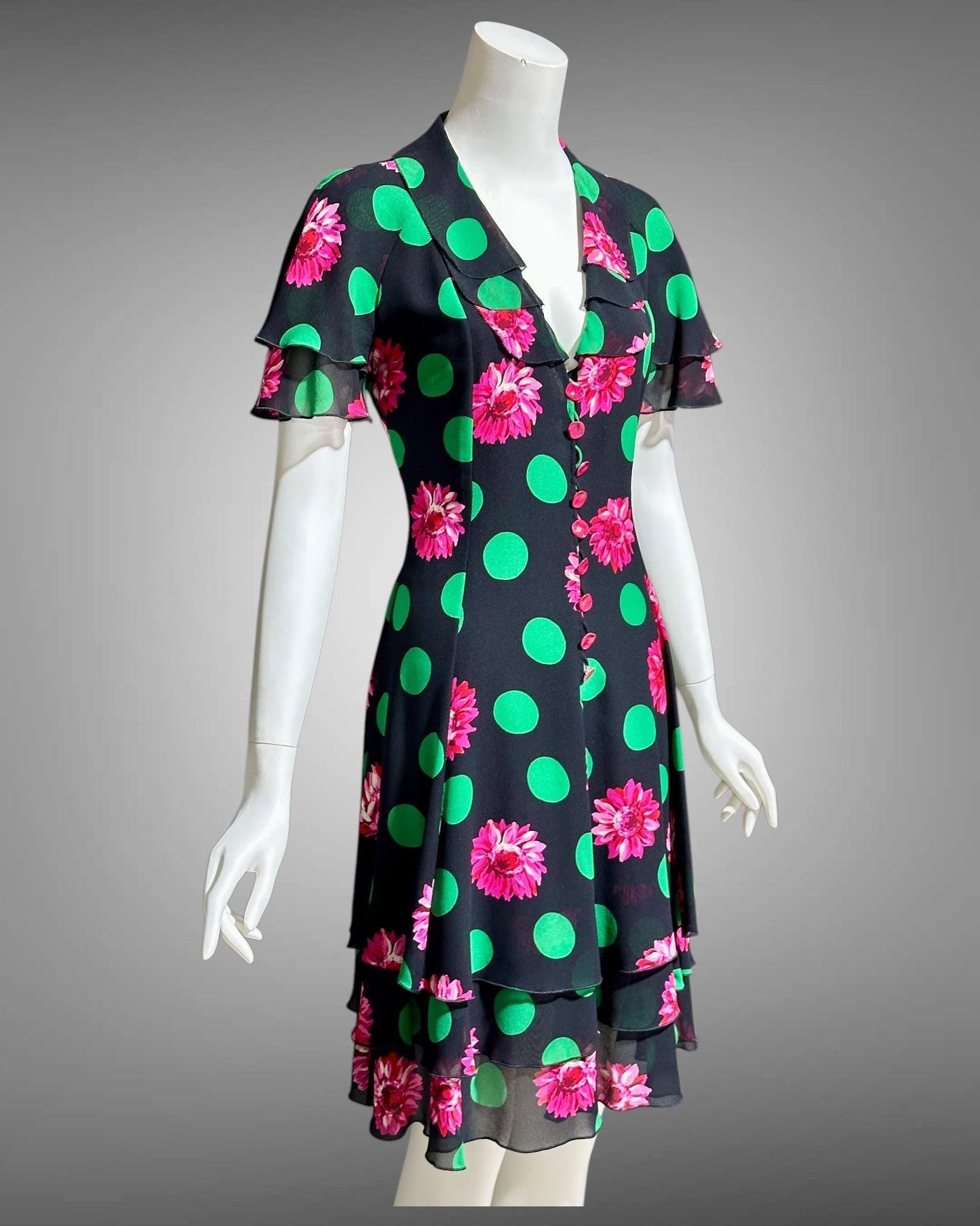 EMANUEL UNGARO 1980s vintage evening dress, polka dots and dahlias, button front flirty tiered ruffle skirt party dress