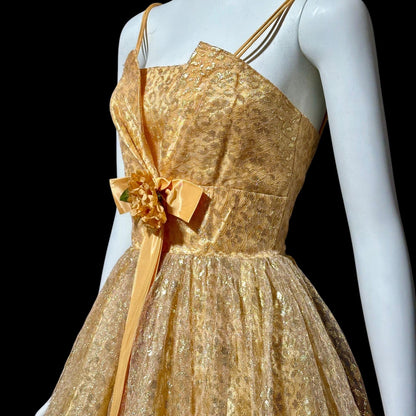 1950s vintage party dress, Peachy Copper sparkly metallic net tulle cocktail evening dress