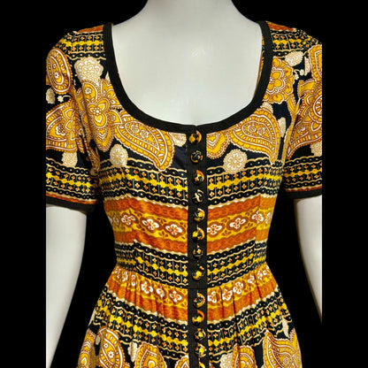OSCAR de la RENTA, vintage 1960s day dress, Orange and Black Paisley and floral cotton dress
