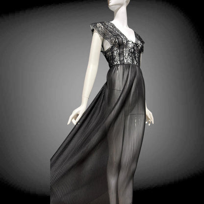MYRA JOY Vintage 1950s Nightgown Lingerie Dress: Sheer Black Nylon Lace Slip Dress