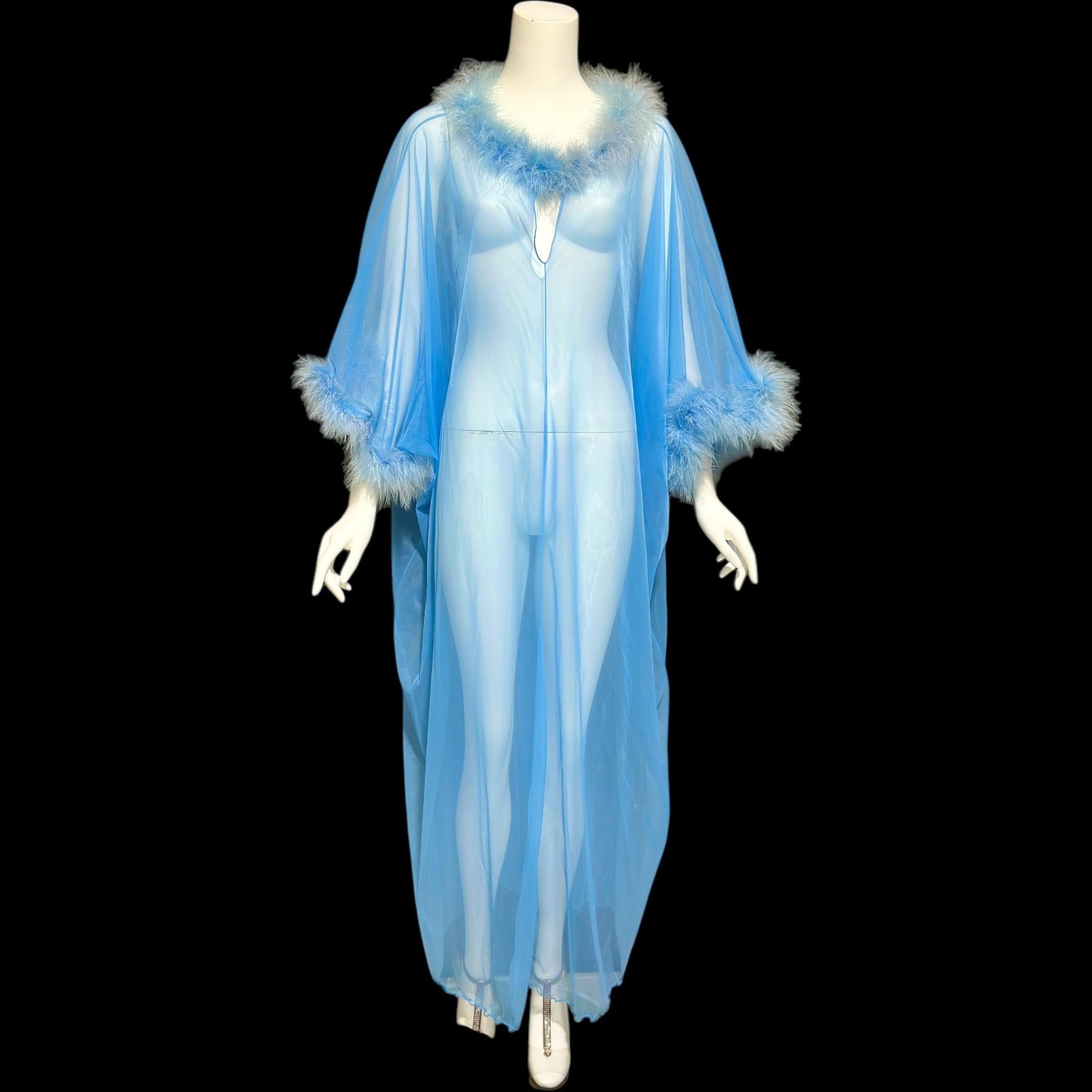 JENELLE of California, vintage 1960s nightgown caftan, Sheer blue nylon with marabou feathers, loose house dress lounging gown