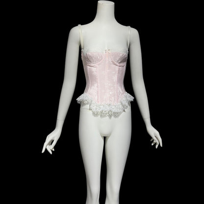 SABRINA, Vintage 1970s pink satin bustier, pink embossed satin with white lace