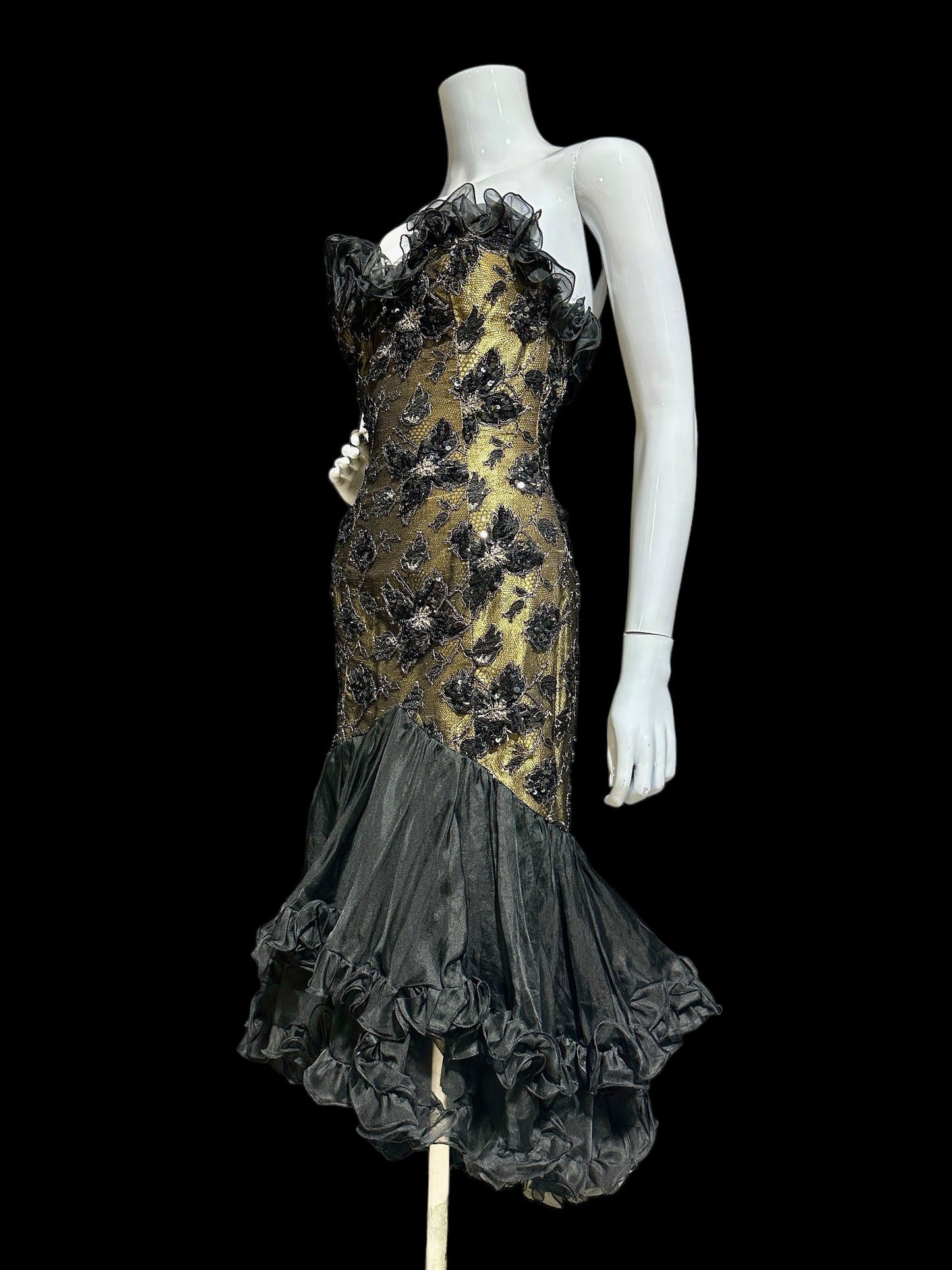 DAVID FIELDEN vintage evening dress gown, 1980s Party Dress, All Silk Hi Low Ruffle cocktail dress