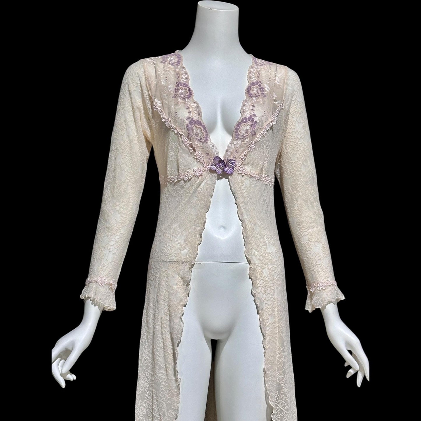 CLAIRE PETTIBONE, wedding coat robe, sheer nylon lace high low dressing gown