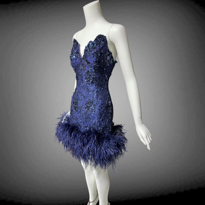 LILLIE RUBIN, vintage 1980s MINI Party Prom cocktail dress, Navy Blue Strapless sequin lace and ostrich feathers