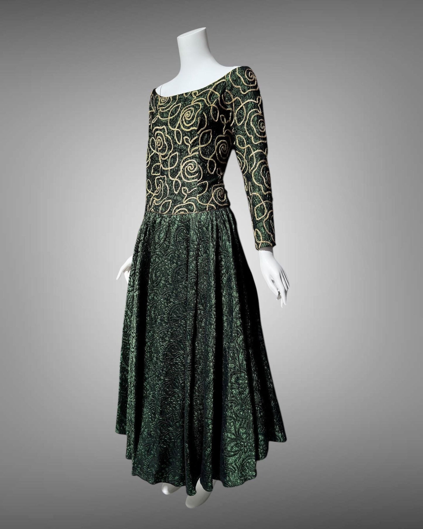 TERENCE NOLDER London, 1980s vintage gown, deep green and gold long sleeve ball gown