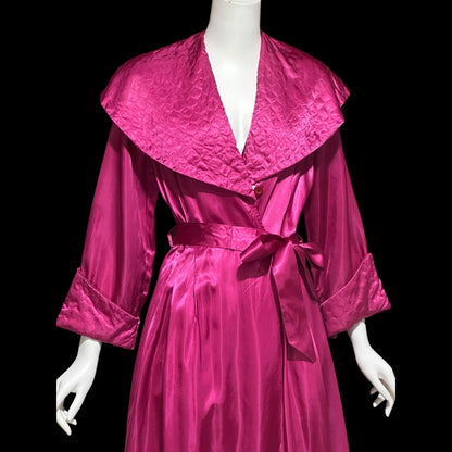 GLORIA NEW YORK, vintage 1940s dressing gown robe, Magenta slipper satin huge collar wrap front housecoat