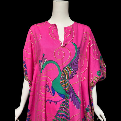 NEIMAN MARCUS, vintage 1970s caftan dress, hot pink cotton, hand screened in Thailand