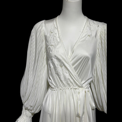 1980s vintage dressing gown robe, Slinky white jersey polyamide wrap front housecoat
