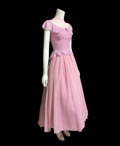 1940s vintage evening gown dress, Orchid purple mesh cupcake prom dress, illusion top with ruffle, peplum circle skirt