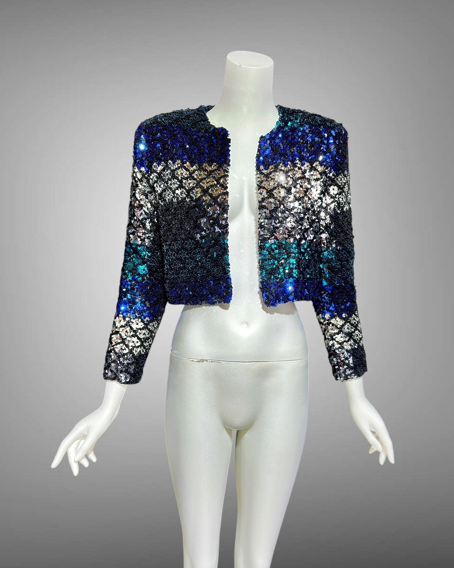 LILLIE RUBIN vintage Evening jacket, 1980s ombre sequins blue black silver cocktails party cropped jacket