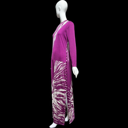 PAGANNE GENE BERK, vintage 1970s Maxi Dress, Purple white Lion face jersey knit evening dress, Stretchy, medium large