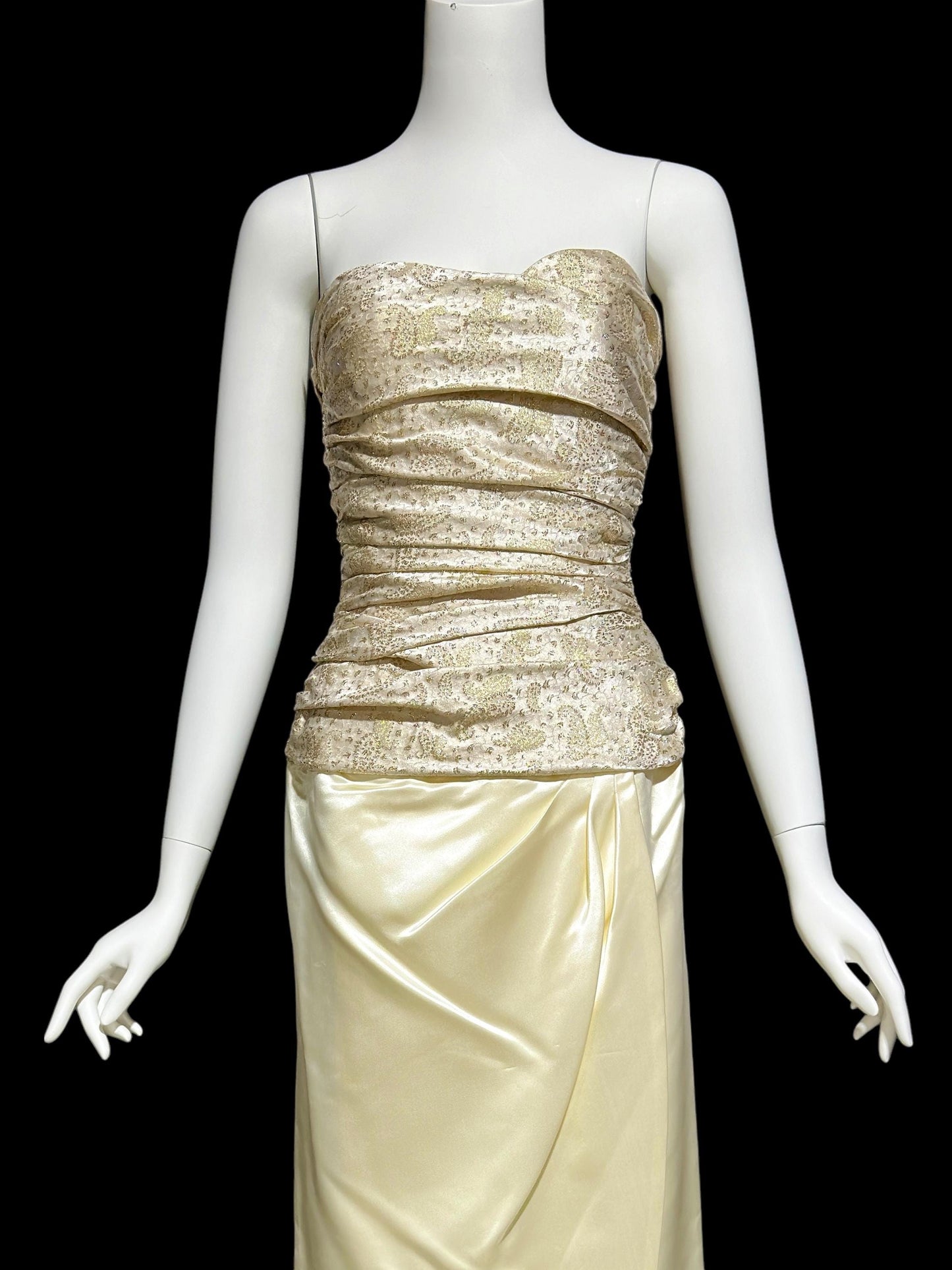 1950s vintage evening dress, Very Marilyn Monroe, Creamy satin with Gold metallic, faux wrap skirt ruched bodice