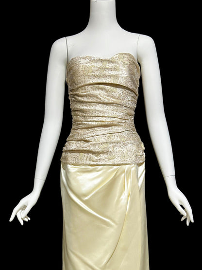 1950s vintage evening dress, Very Marilyn Monroe, Creamy satin with Gold metallic