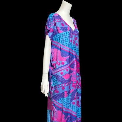SULTANA by ADINI vintage 1970s caftan dress, blue purple and hot pink op art rayon