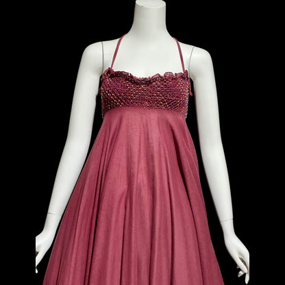 GUNN TRIGERE, vintage 1970s sundress, smocked and beaded cotton trapeze day dress, Hippie Boho beachwear