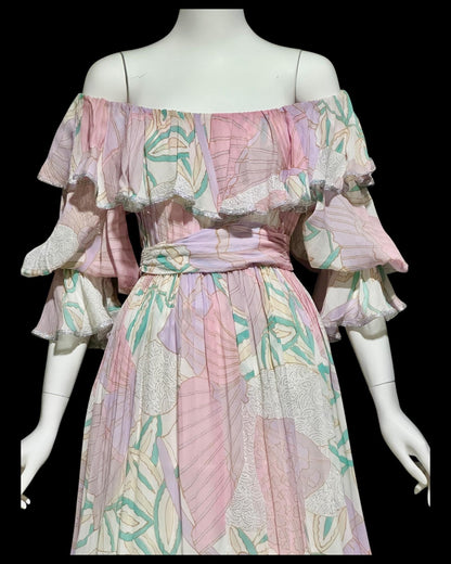 FRANK USHER LONDON, vintage 1970s evening dress, Pastel floral chiffon, Off shoulder gown
