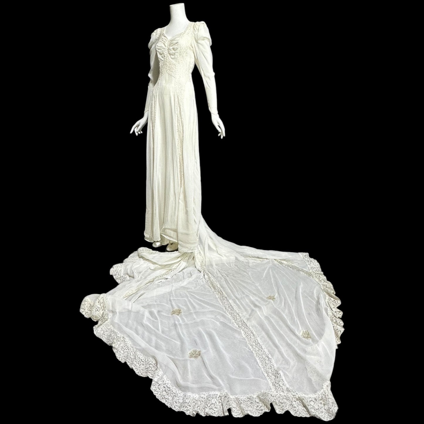 1940s vintage wedding dress, White sheer long sleeve sheath slip gown with train and slip