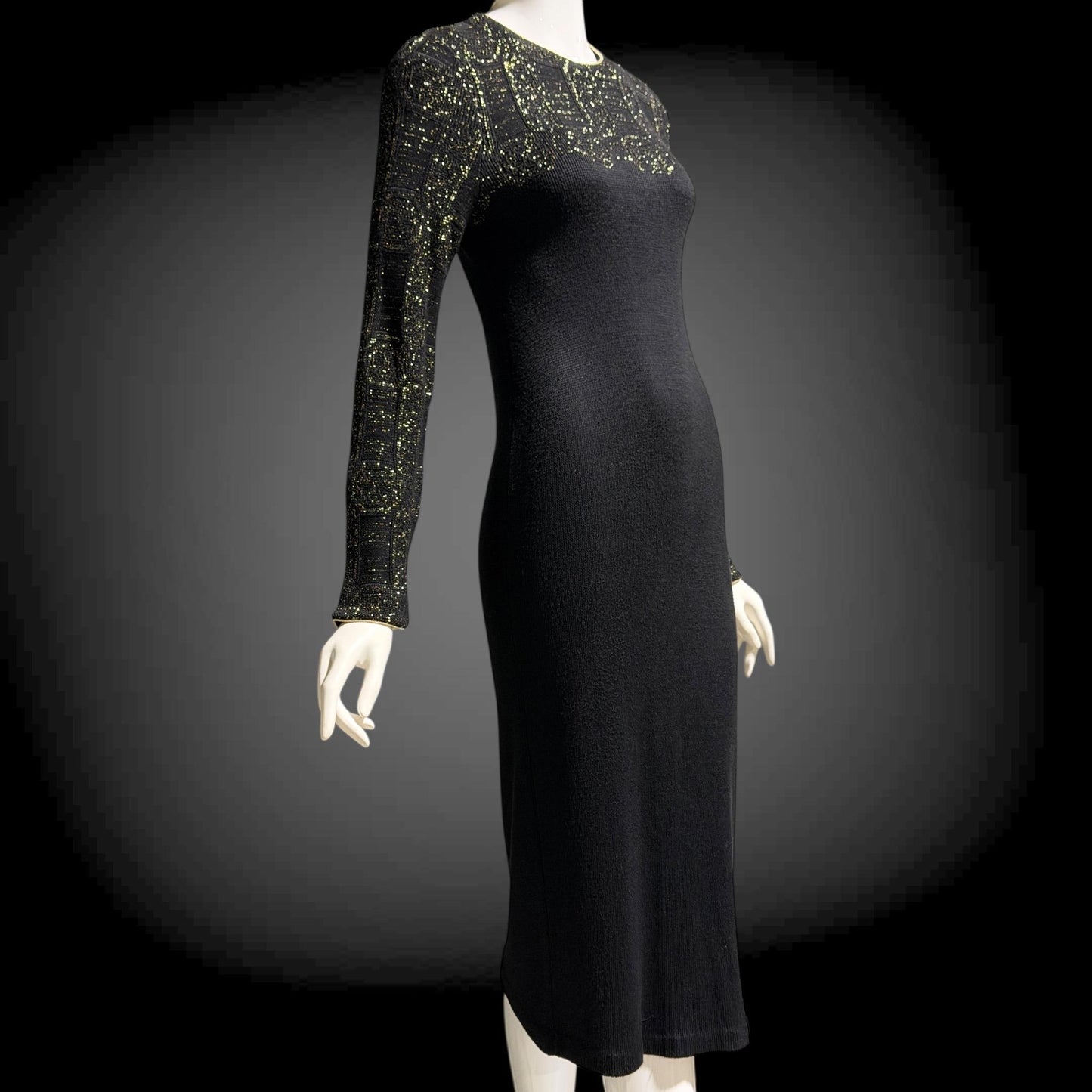 MARY MCFADDEN vintage 1970s knit cocktail dress, Black Gold Long Sleeve Office Party dress