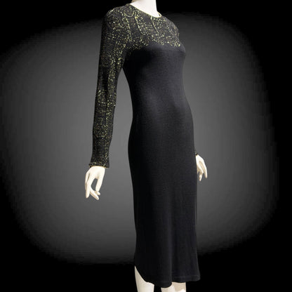 MARY MCFADDEN vintage 1970s knit cocktail dress, Black Gold Long Sleeve Office Party dress