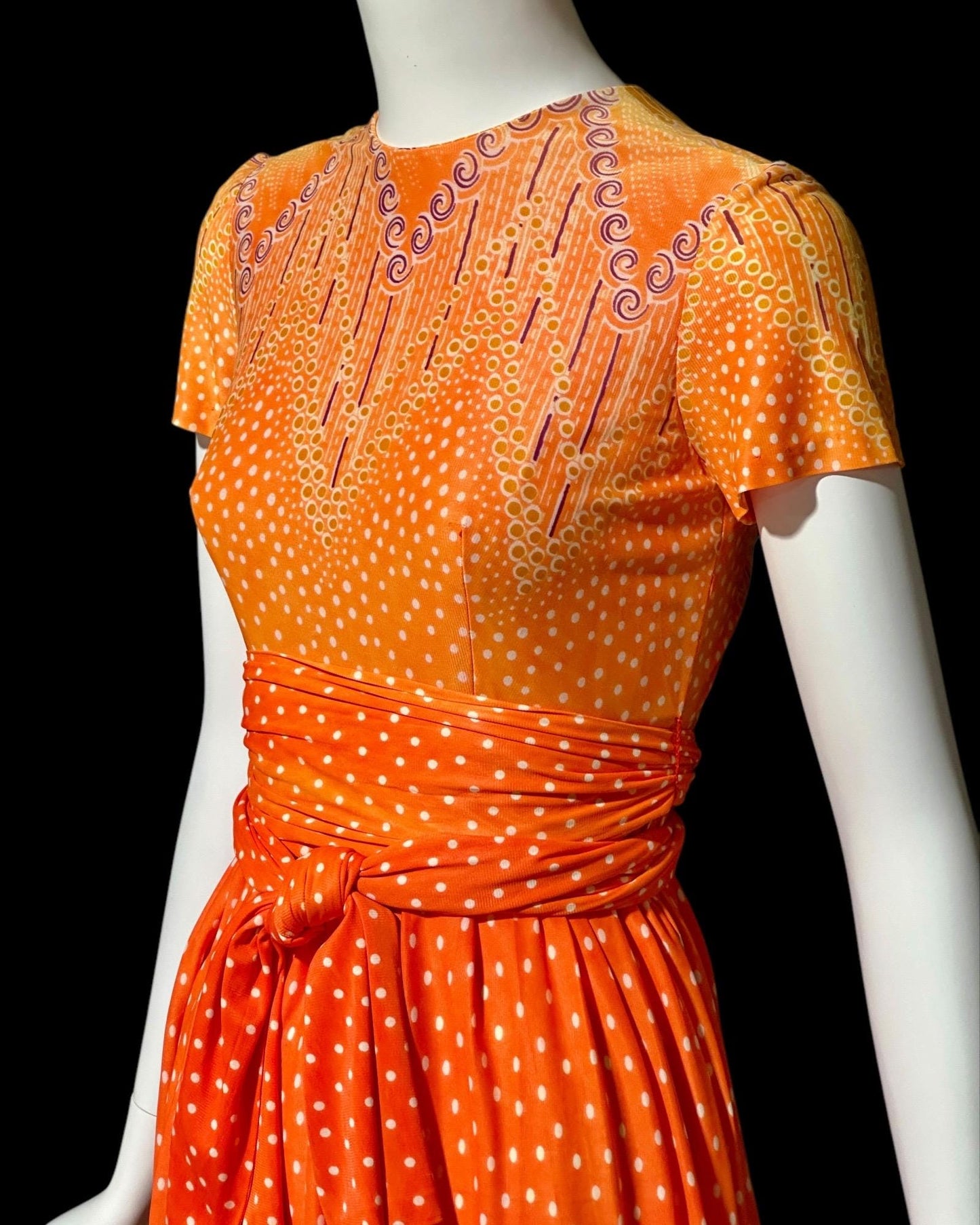 SARMI NY, Vintage 1960s Orange Op Art slinky knit maxi party dress