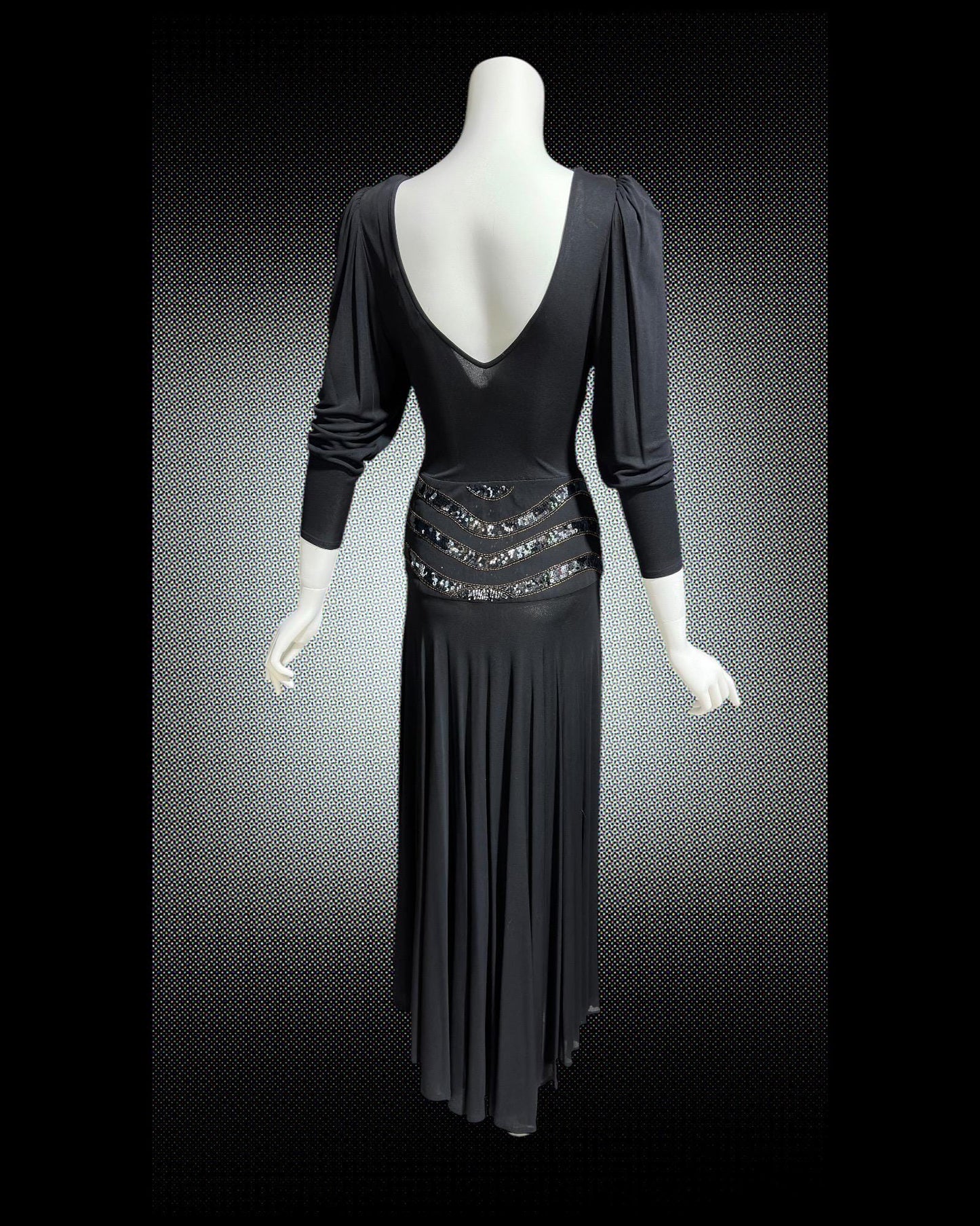 SAKS FIFTH AVENUE Made in England, 1970s evening dress, black jersey knit and sequins, 40s style dress