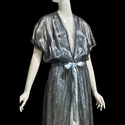 JUVENTA vintage 1930s dressing gown robe, sheer black lace with blue satin peignoir housecoat, Made in France