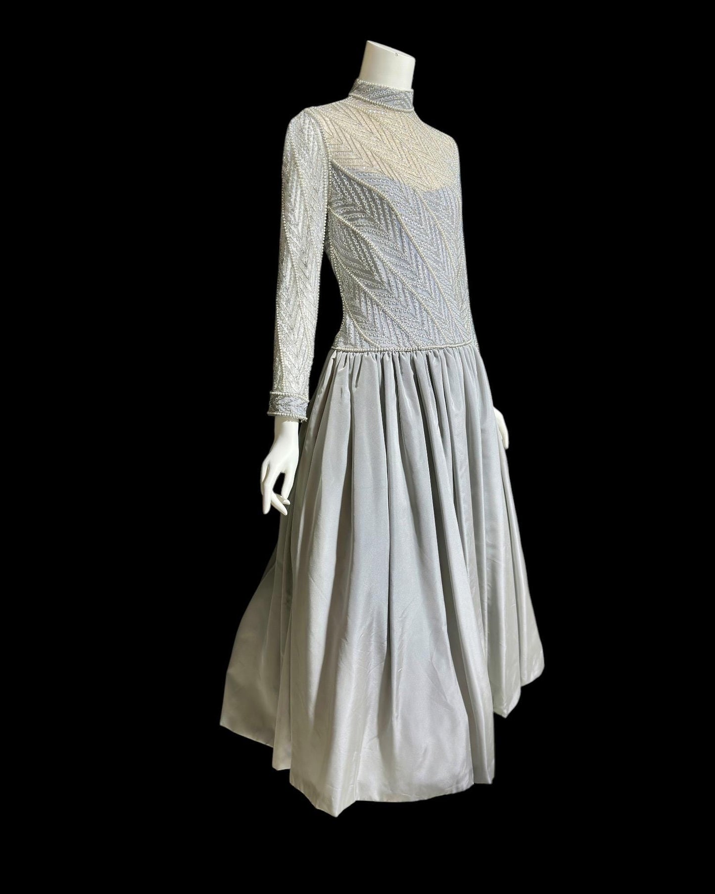 BOB MACKIE, vintage 1980s evening dress ball gown, Silver grey heavily beaded taffeta gown, Long sleeve high neck