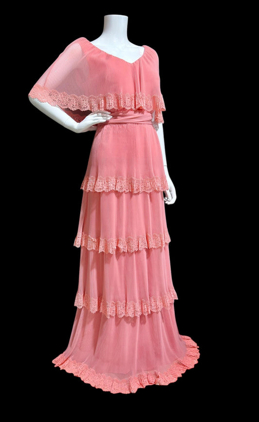 MISS ELLIETTE vintage 1970s pleated chiffon evening gown, Old Rose Pink tiered skirt maxi dress with ruffled collar