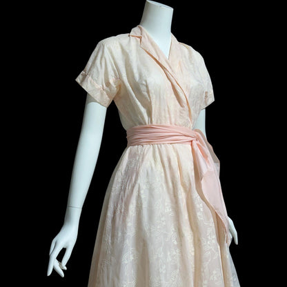 SAKS FIFTH AVENUE vintage 1950s dressing gown house dress, pink flocked floral wrap dress